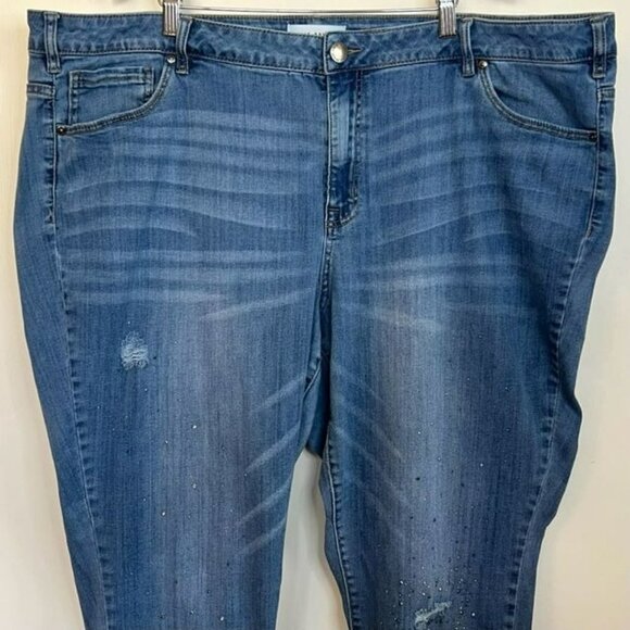 LANE BRYANT PLUS SIZE 26 MEDIUM WASH SKINNY ANKLE JEANS SCATTERED RHINESTONES - Picture 3 of 10